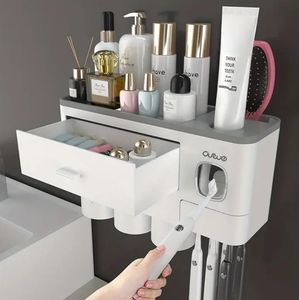 Bathroom wall toothpaste dispenser with cups and extra storage